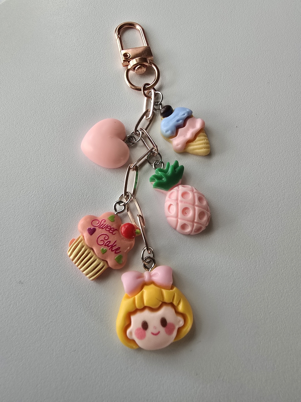 Cute Pink Cartoon Charm Key & Card Holder with Heart, Pineapple & Ice Cream